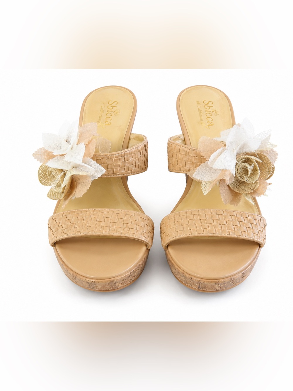 Sbicca of California Floral Wedge Slide Sandals Tan Boho Size 9.5M